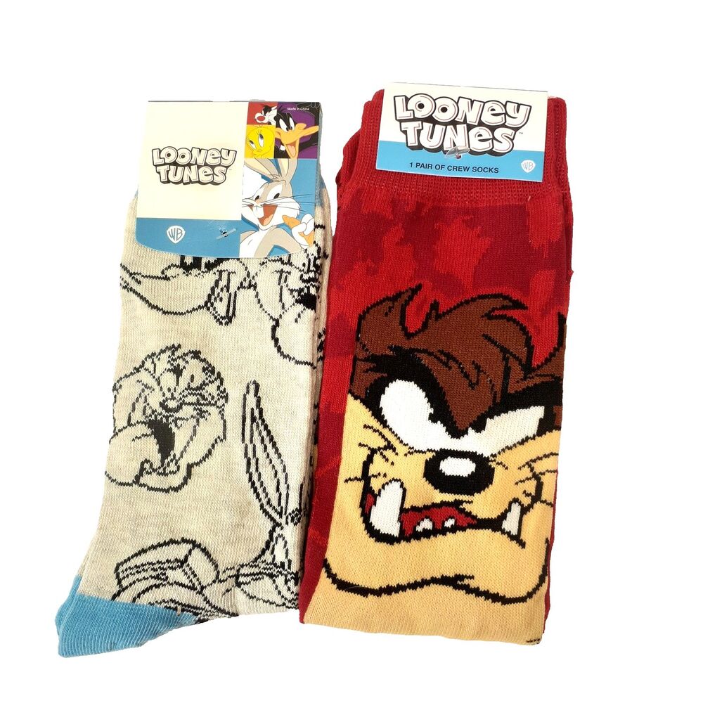 Looney Tunes Tasmanian Devil Cartoon TV Men Socks 2 Pair Crew Sz 6-12 NWT